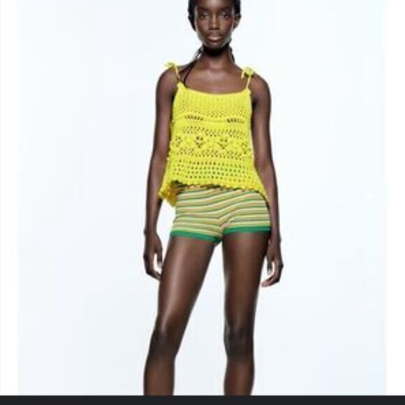 Zara Yellow Crochet Knit Top Boho Tie Straps Cropped Loose Fit NEW NWT Small - Picture 2 of 16